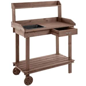 36.25 in. W x 46.75 in. H Brown Outdoor Garden Potting Bench Table Work with 2 Removable Wheels, Sink and Drawer