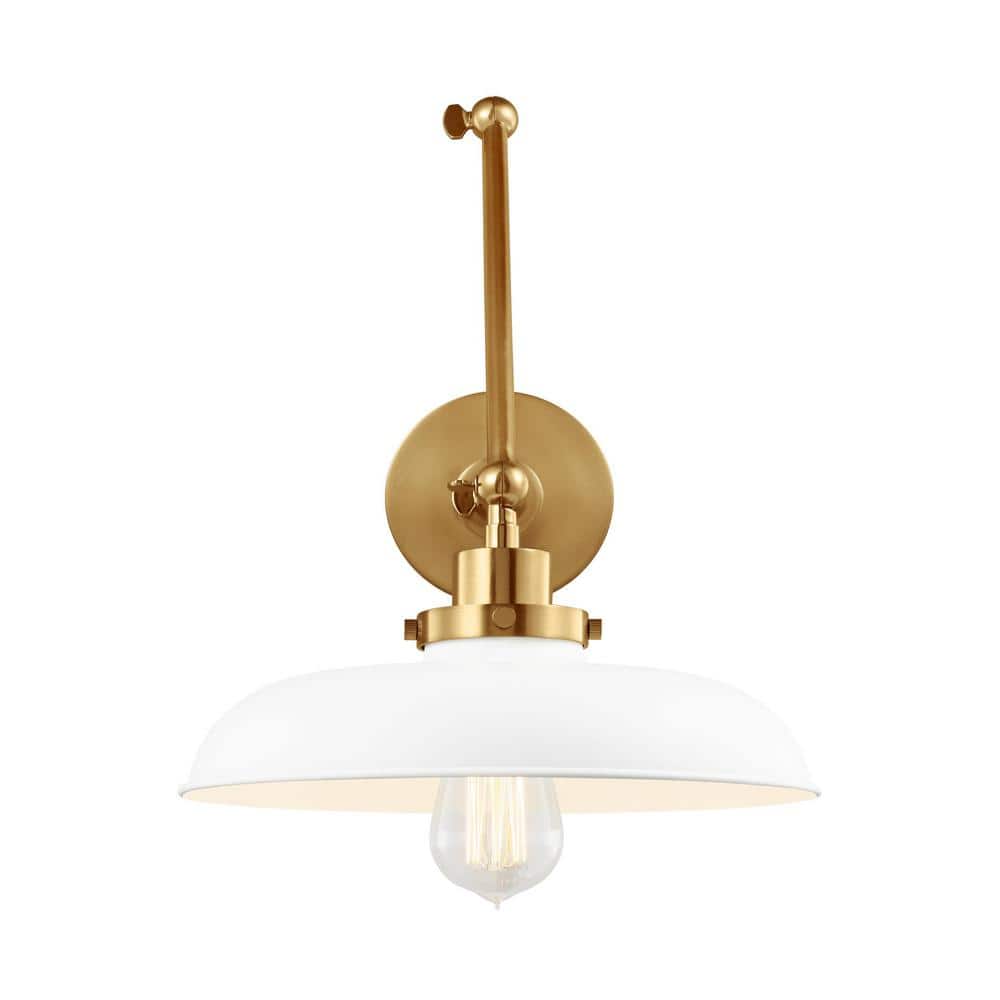 Matte White and Burnished Brass Double Arm Sconce