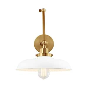 Wellfleet 11 in. W 1-Light Matte White/Burnished Brass Double Arm Wide Task Wall Sconce with Steel Shade