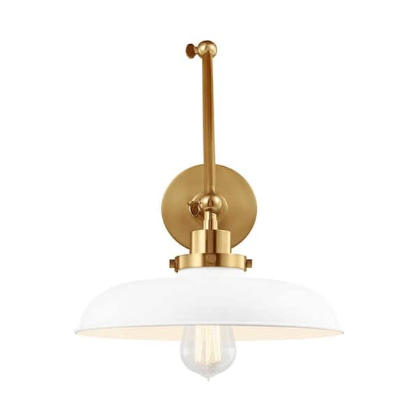 Generation Lighting Wellfleet 11 in. W 1-Light Matte White/Burnished Brass Double Arm Wide Task Wall Sconce with Steel Shade
