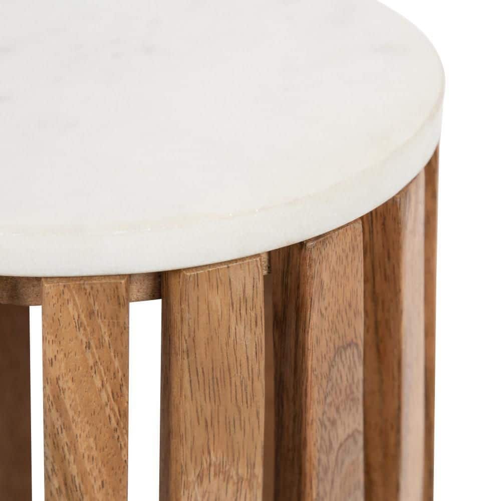 Elegant Round Marble and Mango Wood Drink Table, 12" Diameter