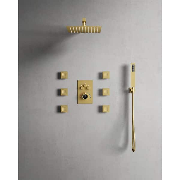 CRANACH Thermostatic 7-Spray 12 in. Wall Mount Dual Shower Head and Handheld Shower in Brushed Gold (Valve Included)