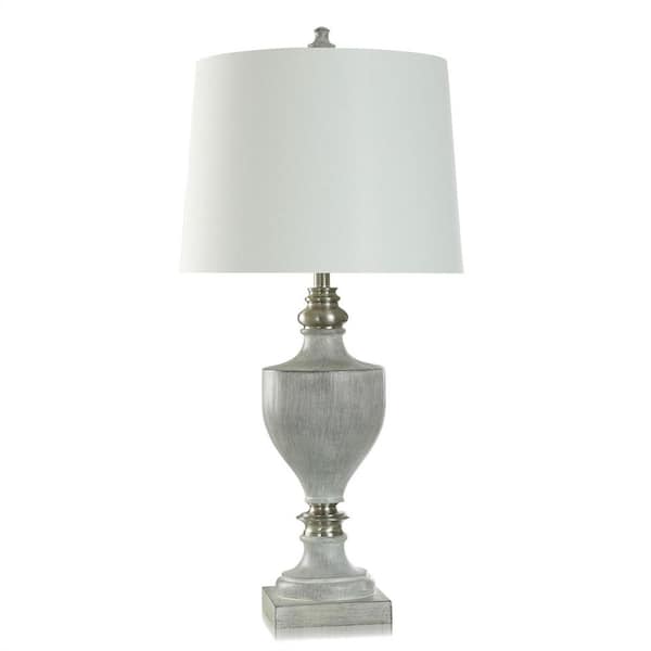 StyleCraft Branson 35.75 in. Grey, Brushed Steel, White Urn Task and Reading Table Lamp for Living Room with White Linen Shade