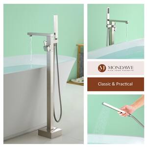 Single-Handle Rectangular Claw Foot Freestanding Bathtub Filler Faucet with Hand Shower in Brush Nickel