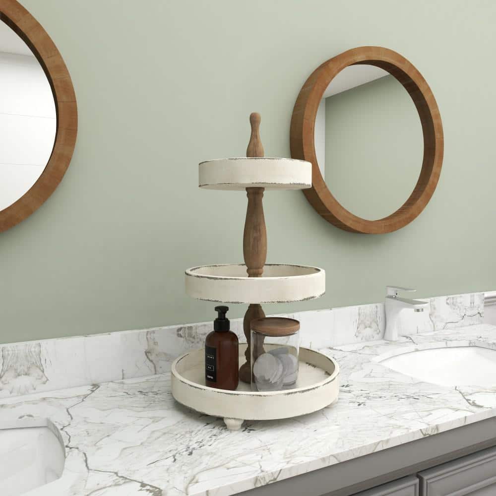 Distressed White and Brown Wood 3-Tier Round Serving Tray