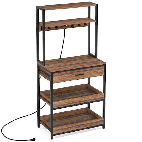 BYBLIGHT Keenyah Vintage Brown 5 Plus Shelf Metal 31.5 in. W Baker's Rack with Power & USB Outlets Microwave Oven Stand w/ Drawer