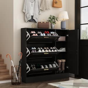 47.2 in. H x 47.2 in. W Black Wood Shoe Storage Cabinet with golden texture, 3-Drawers and Cabinet up for 21-Pairs