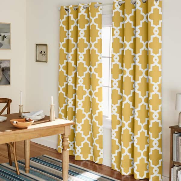 Ironwork Sundress Yellow Ogee Woven Room Darkening Grommet Top Curtain, 52 in. W x 84 in. L (Set of 2)