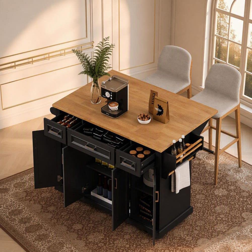 Farmhouse Black Wood 54 in. Drop Leaf Embossed Texture Rolling Storage Kitchen Island Cart with 3-Drawer and 4-Door