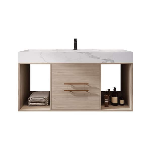 39 in. Single Sink Floating Oak Bath Vanity with White Sintered Stone Top, 2 Soft Close Drawer, Gold Handles