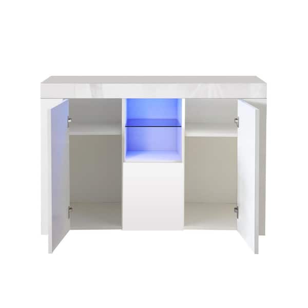 Aoibox Kitchen Sideboard Cupboard with LED Light, White High Gloss Dining Room Buffet Storage Cabinet