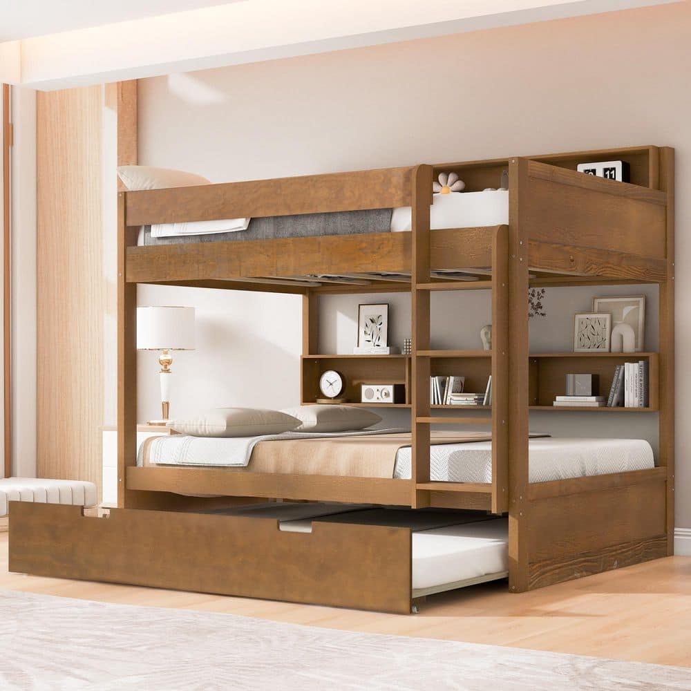 Harper & Bright Designs Antique Wood Twin Over Twin Wood Bunk Bed with ...
