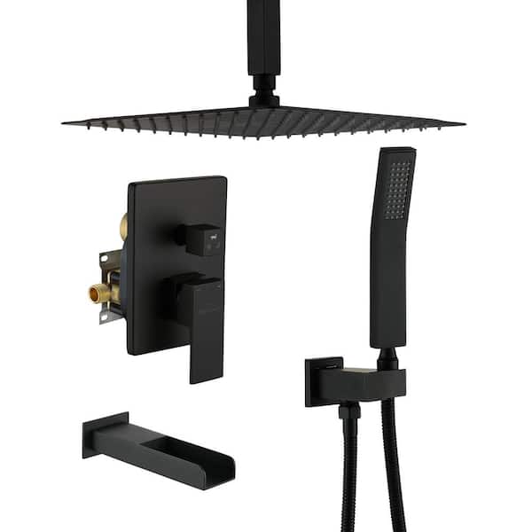 Boyel Living Ceiling Mount Single-Handle 1-Spray Tub and Shower Faucet with Hand Shower in Matte Black - 12 Inch (Valve Included)