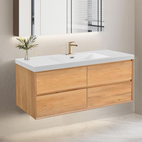 Aeroline 48 in. W x 19.29 in. D x 25.59 in. H Single Sink Float Wood Bath Vanity with White Resin Integral Top Assembled