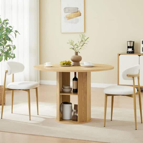 Oxy 3-Piece Round Natural Wood Top Dining Table Set with 2 Upholstered Chairs and Double-Tiered Storage Shelf (Seats 2)