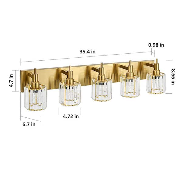 Orillia 35.4 in. 5-Light Modern Gold Bathroom Vanity Light with Round Crystal Shades