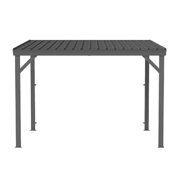 8 ft. x 10 ft. Wall Mounted Gazebo Hardtop Galvanized Steel Sloping for Patio Deck Backyard Lawn Party in Gray