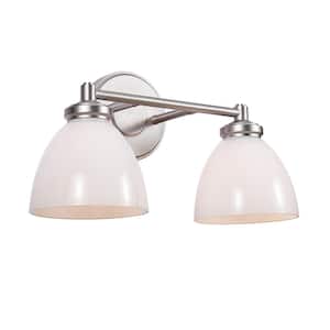 15 in. 2-Light Brushed Nickel Vanity Light with White Glass Shade