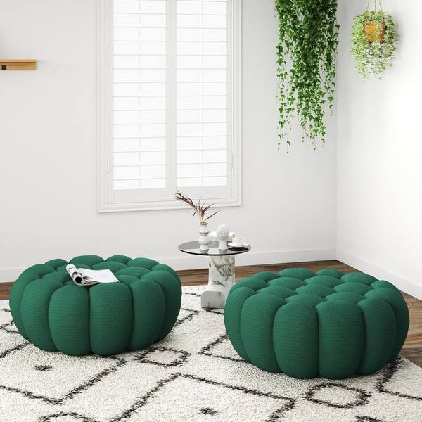 Armless 3D Knitted Fabric Bubble Sofa Upholstered Ottoman for Apartment in Green (Set of 2)