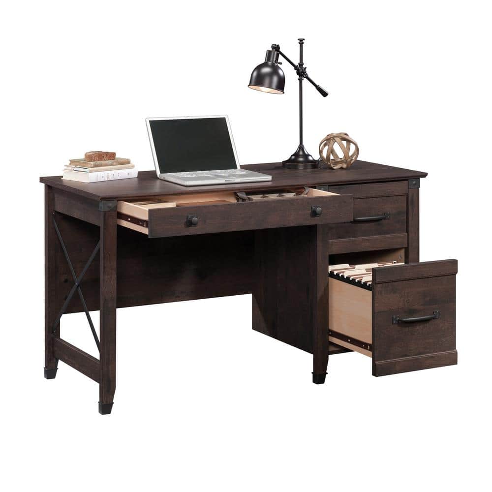 Rustic Coffee Oak Desk with Drawers and Filing Cabinet