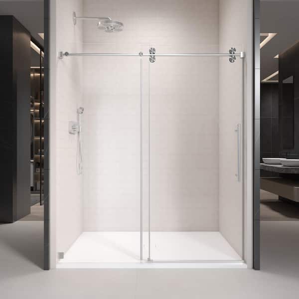 Xzkai 54 in. W x 76 in. H Single Sliding Frameless Shower Door with 3/8 in. Tempered Clear Glass in Brushed Nickel Finish