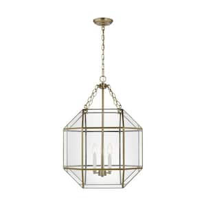 Morrison 18.5 in. Medium 3-Light Satin Brass Octagonal Hanging Pendant With A Clear Glass Shade