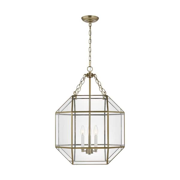 Generation Lighting Morrison 18.5 in. Medium 3-Light Satin Brass Octagonal Hanging Pendant With A Clear Glass Shade