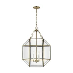 Morrison 10.5-Watt Medium 3-Light Satin Brass Shaded Pendant Light with Clear Glass Shade and LED Light Bulbs