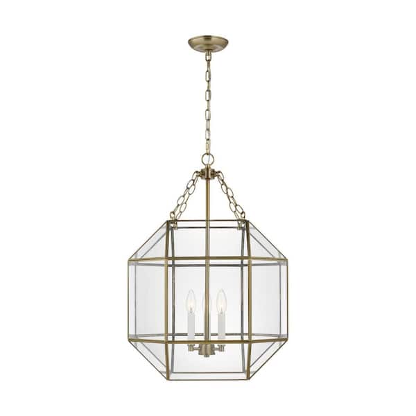 Generation Lighting Morrison 10.5-Watt Medium 3-Light Satin Brass Shaded Pendant Light with Clear Glass Shade and LED Light Bulbs