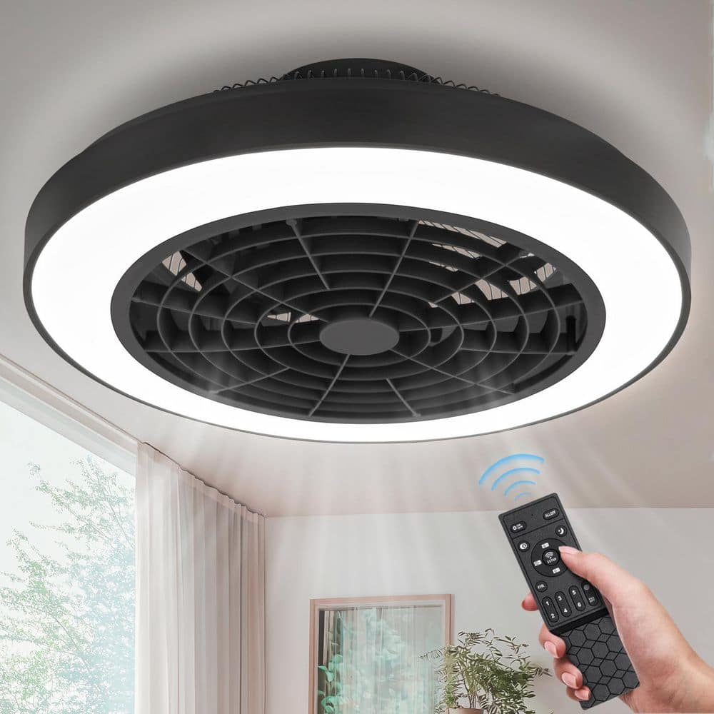 19 in. Indoor Black Low Profile Ceiling Fan with Light and Remote, Flush Mo