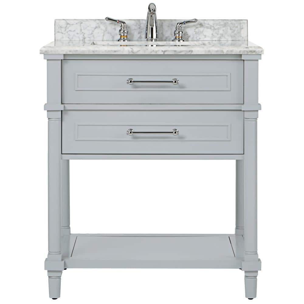 Home Decorators Collection Aberdeen 30 In W Open Shelf Vanity In Dove Grey With Carrara Marble Top With White Sink 9784500270 The Home Depot