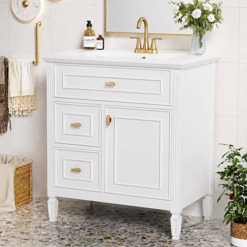 30 in. Single Sink White Bath Vanity with White Ceramic Top (Self Assembly Needed)