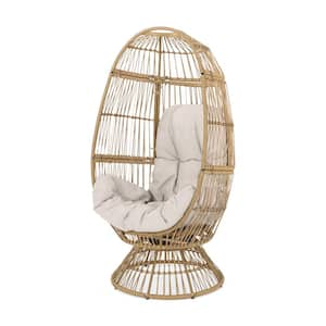 Large Wicker Swivel Egg Chair Outdoor Rattan Patio Chaise Lounge with Rocking Function, Removable Natural Cushion