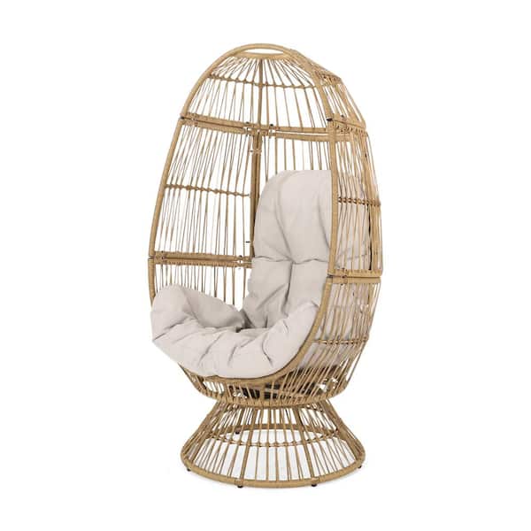 COOLSHARK Large Wicker Swivel Egg Chair Outdoor Rattan Patio Chaise Lounge with Rocking Function, Removable Natural Cushion