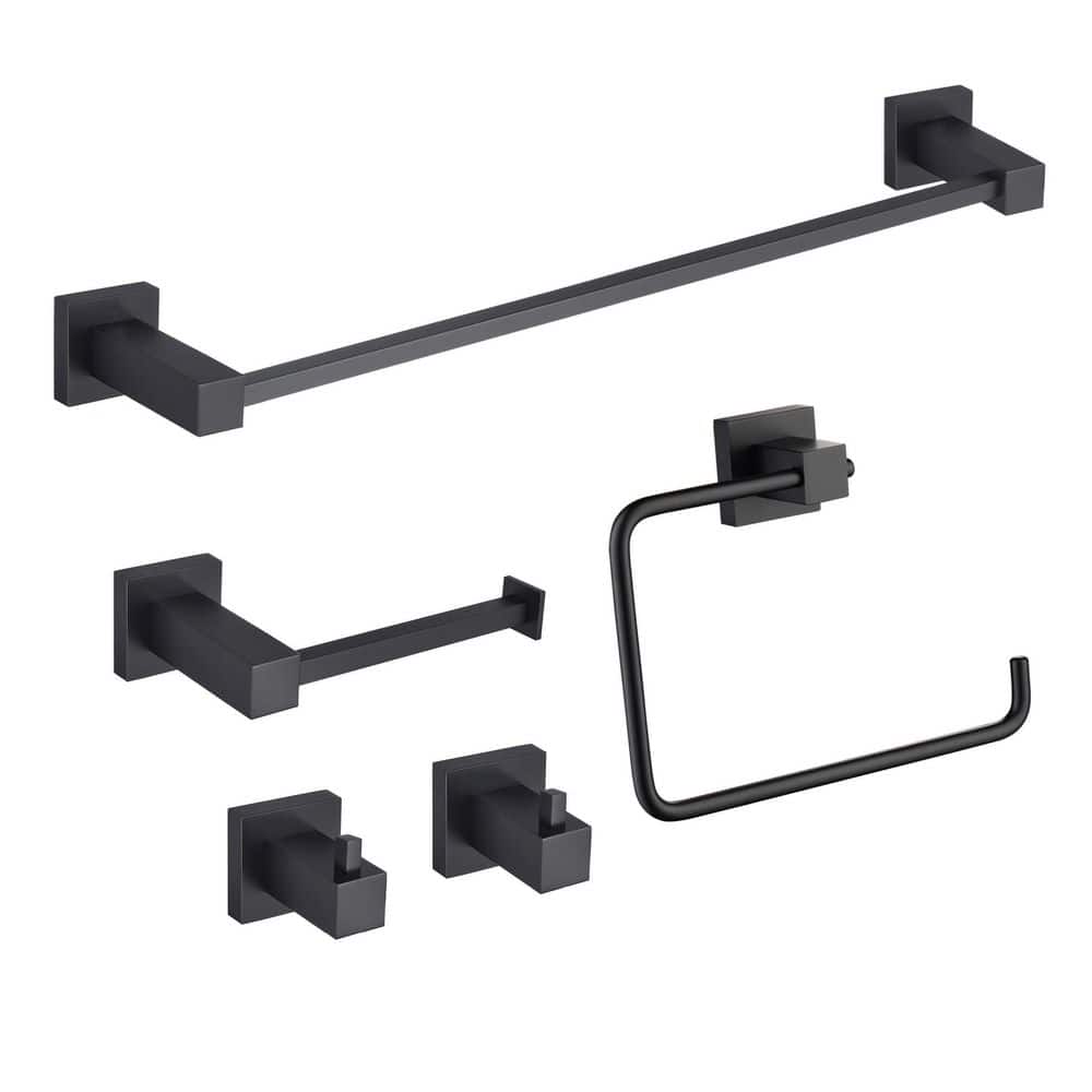5-Piece Bathroom Hardware Set with Towel/Robe Hook Toilet Paper Holder Towel Ring Towel Bar/Rack in Matte Black price history on PriceWatchPro