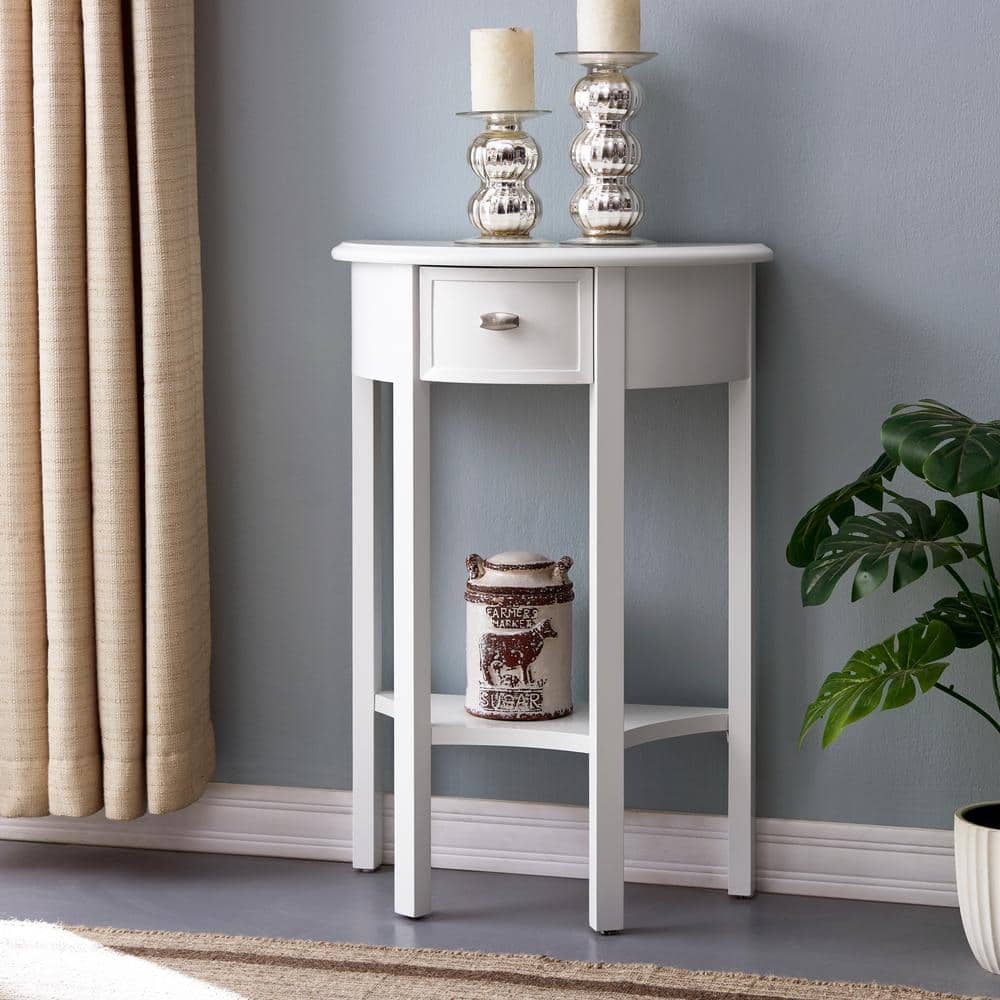 Cottage White Wood Demilune Console Table with Storage Drawer
