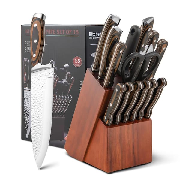 14-Pieces Damascus Kitchen Knife Set with Rubber Wood Block and