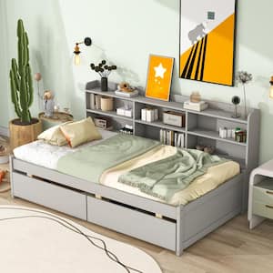 Gray Twin Size 1-Piece Wood Frame Top Platform Bed with Side Bookcase and 2-Drawers