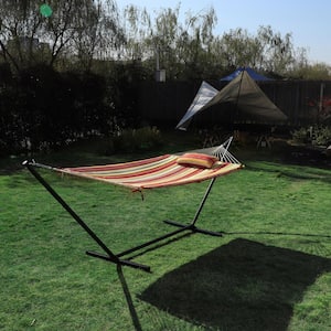 12 ft. Hammock with Stand for Outdoor, 2-Person Hammock with Detachable Pillow, Red Stripes