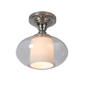 10.5 in. 1-Light Chrome Semi-Flush Mount with Clear Glass and White Inner Glass Cylinder