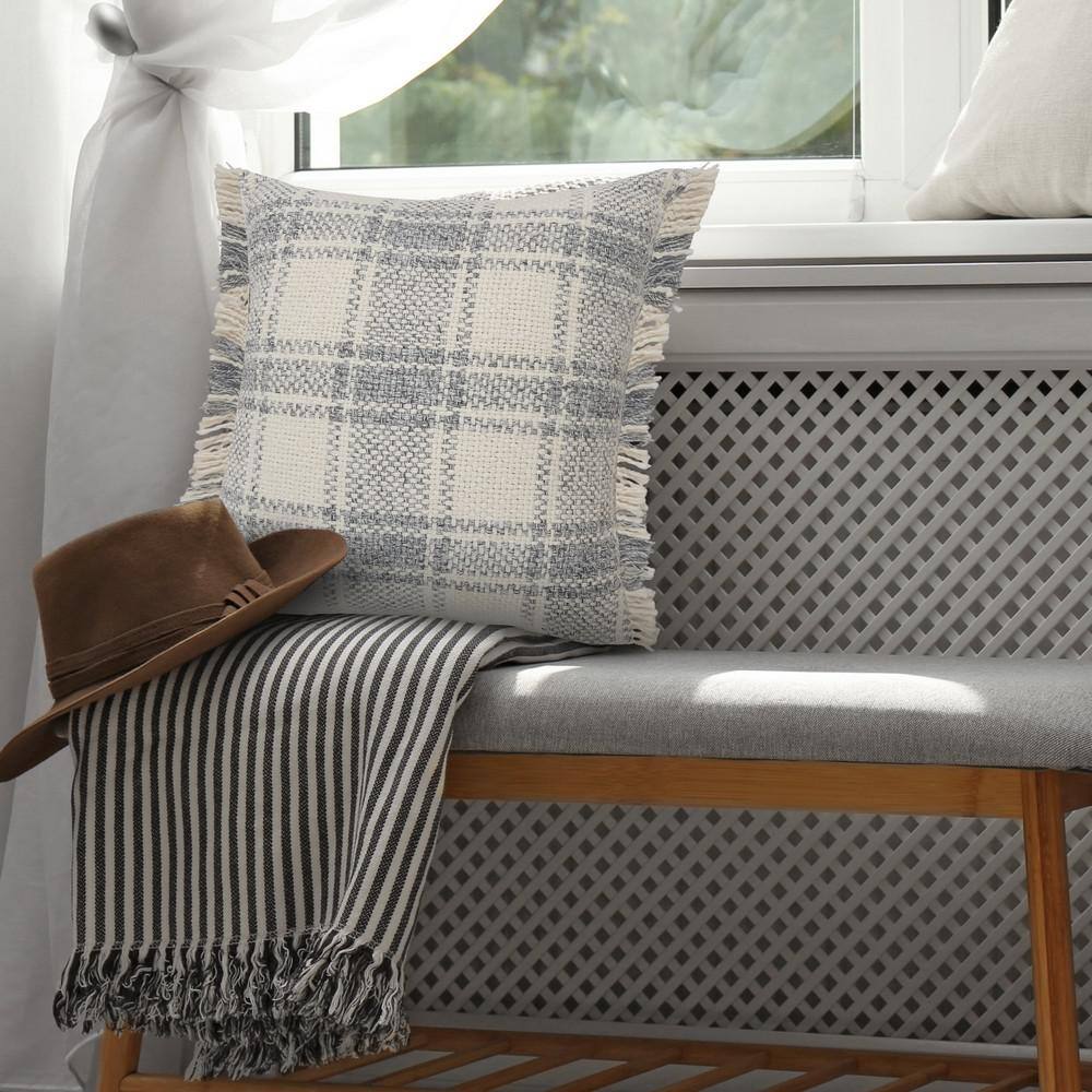 Charles 20" Gray Plaid Cotton Fringed Throw Pillow