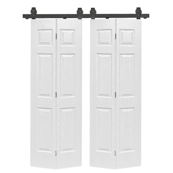 60 in. x 82 in. 6 Panel Hollow Core White Composite Texture Double Bi-Fold Door with Sliding Barn Door Hardware Kit