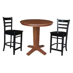 Aria 3-Piece Distressed Oak/Black 36 x 48 in. Solid Wood Counter-Height Pedestal Table Set 2 Emily Stools, Seats 2