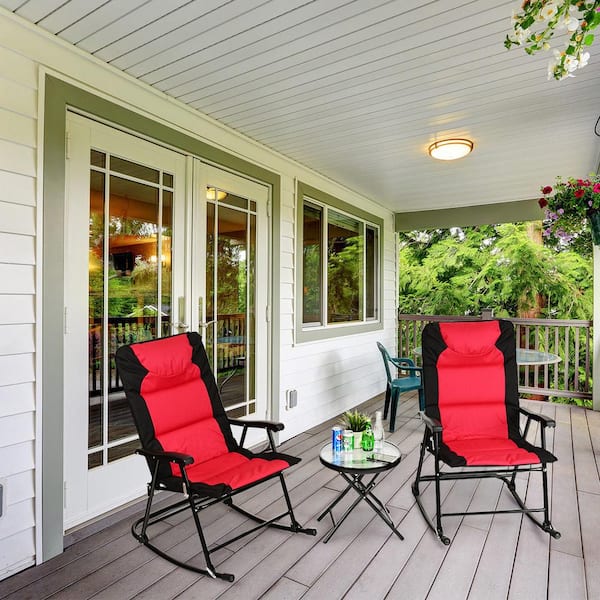 Folding 3-Piece Steel Outdoor Bistro Rocking Chair Set with Red and Grey Cushions