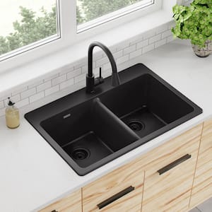 Quartz Classic 33 in. Drop-in Double Bowl Black Granite/Quartz Composite Kitchen Sink Only