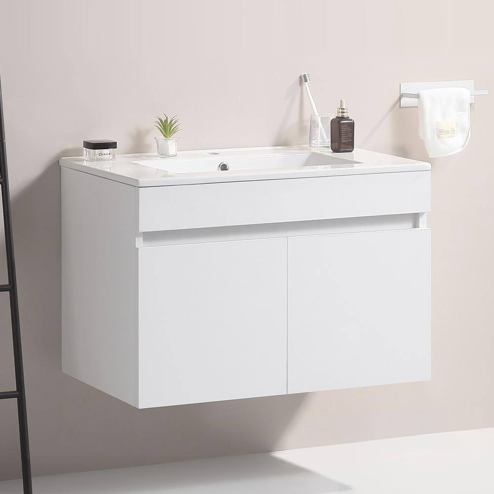 30 in. W x 18 in. D x 19 in. H Single Sink Wall Mounted Bath Vanity in Whit