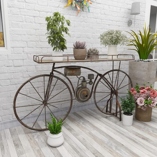 Litton Lane 35 in. Brown Metal Bike Indoor Outdoor Plantstand