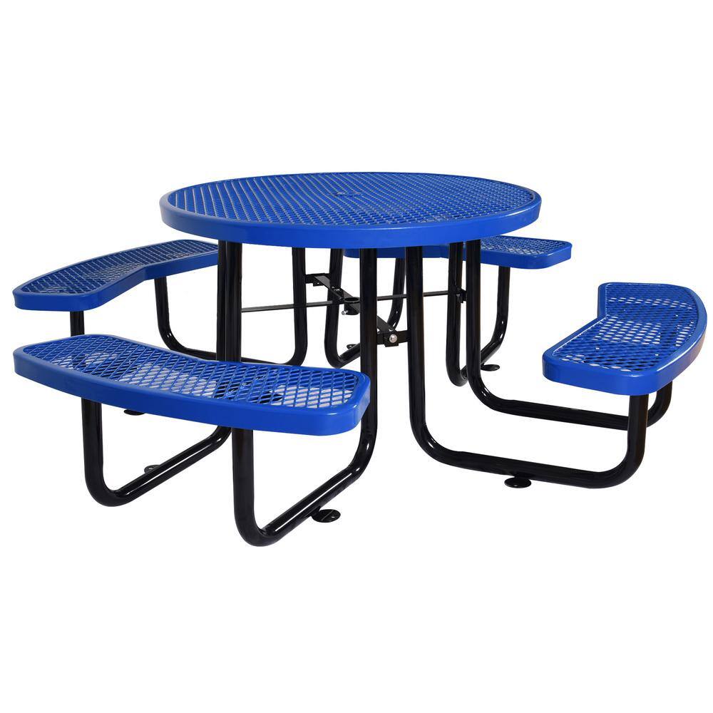 46 in. Blue Round Steel Outdoor Picnic Table with Benches