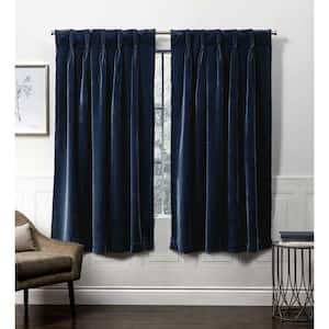 Velvet Navy Solid Polyester 27 in. W x 63 in. L Triple Pinch Pleat Top Light Filtering Curtain (Double Panel)