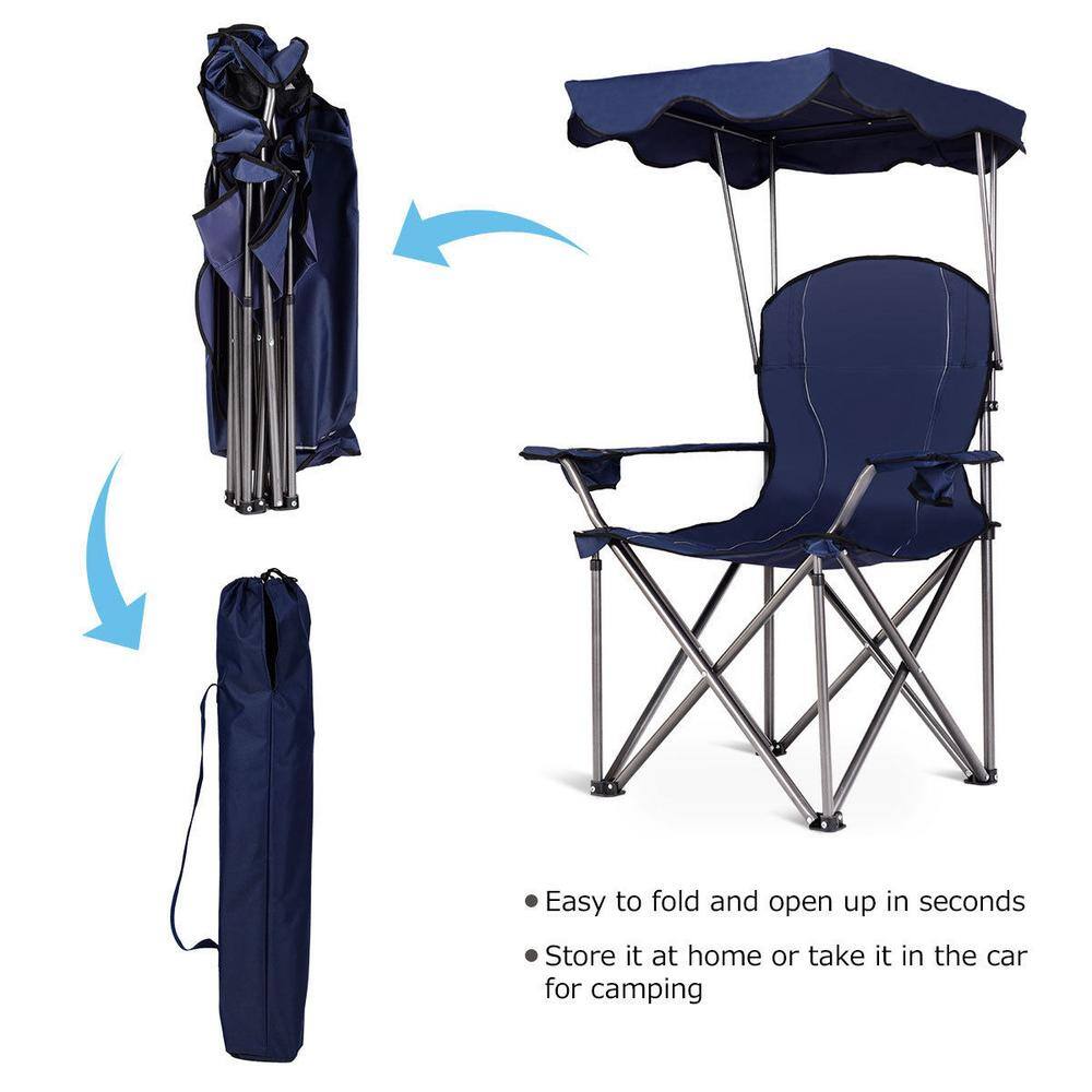 Blue Portable Folding Camping Chair with Canopy and Cup Holders
